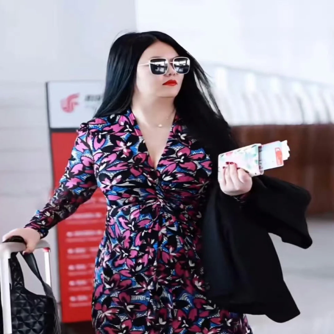 李湘明星同款紫色印花长款修身连衣裙高档时尚优雅显瘦裙子