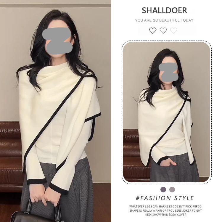 温柔风三角巾披肩长袖针织衫t恤女2026春秋新款修身显瘦时尚上衣