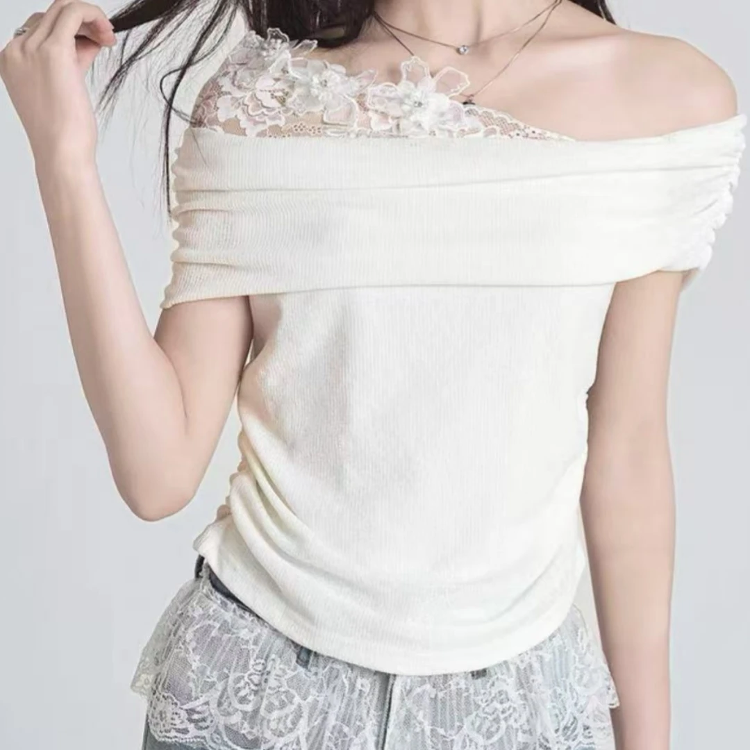 YIDENG韩系新款复古气质法式白色拼接蕾丝纯欲一字肩设计感修身显