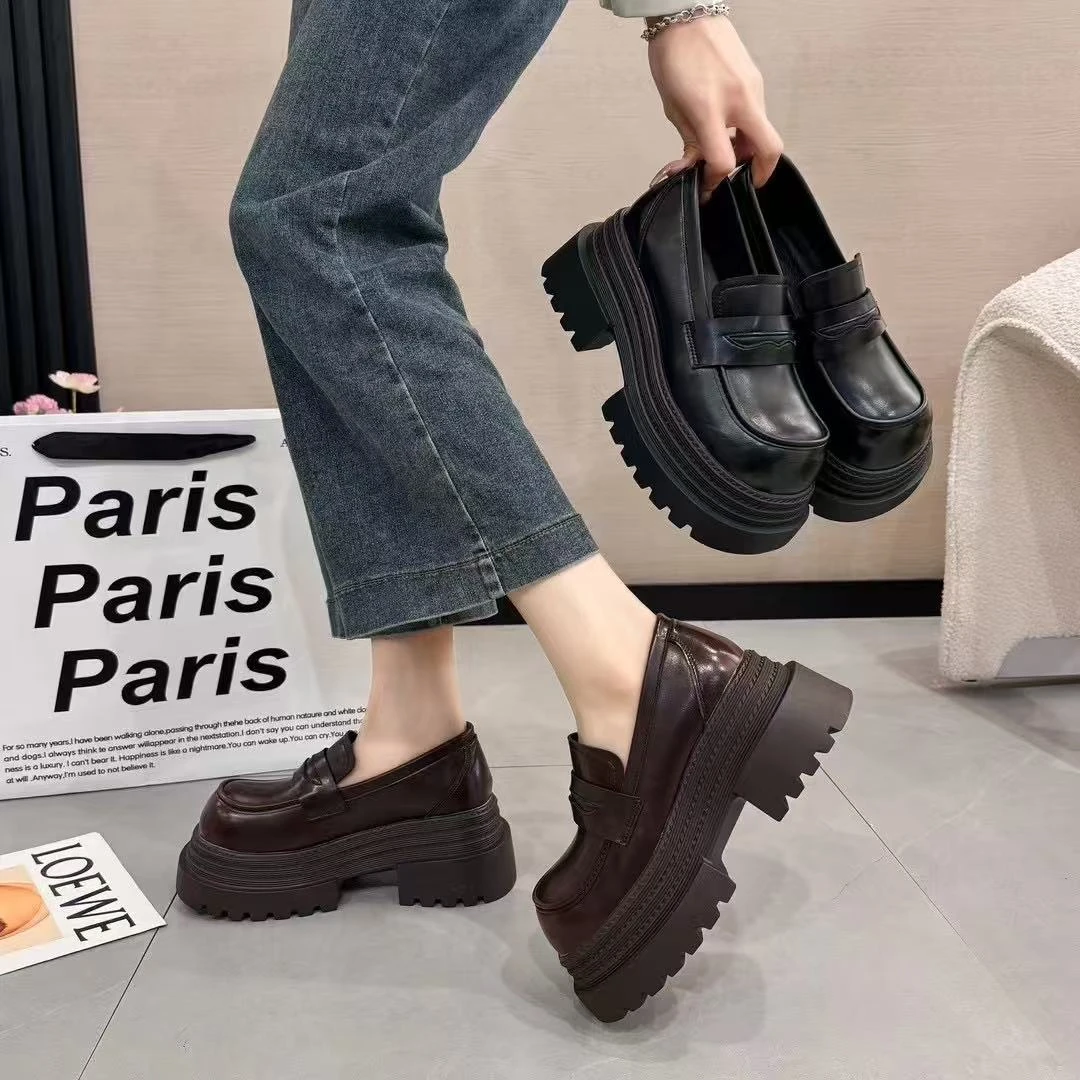 英伦风厚底乐福鞋2025春秋新款时尚女圆头懒人一脚蹬复古百搭单鞋