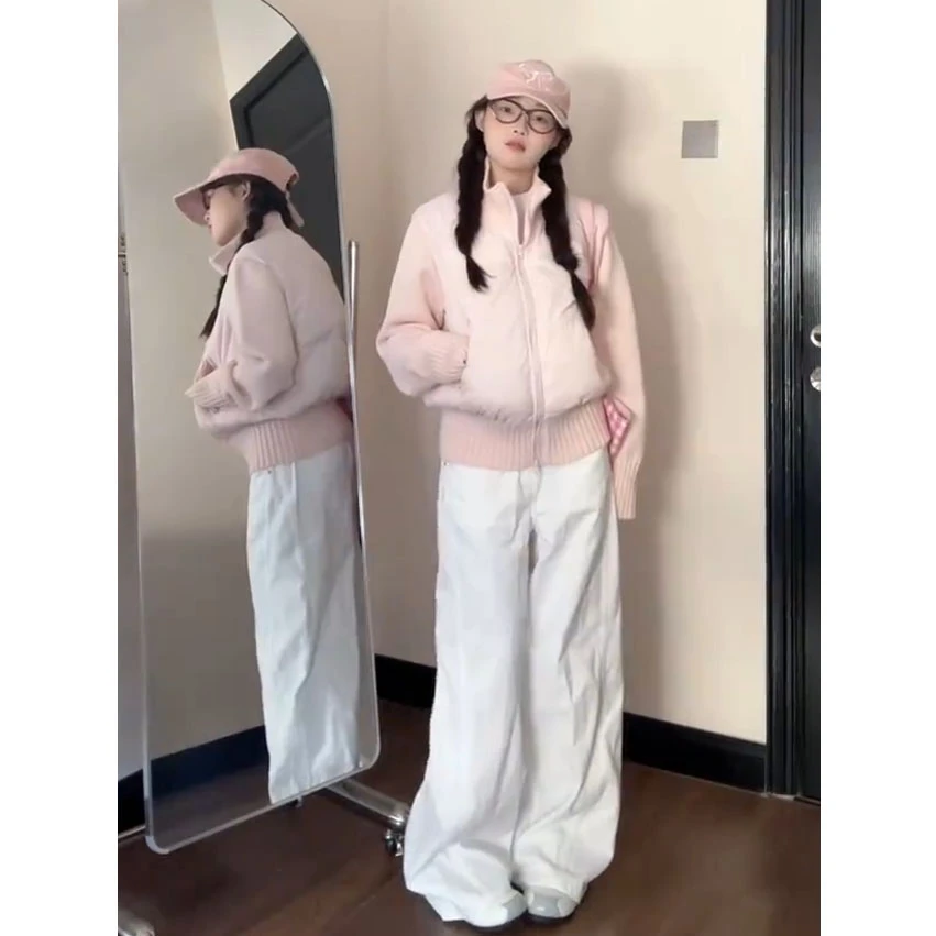 棉服女冬季2025新款针织袖短款棉衣韩系超好看小个子粉色上衣外套