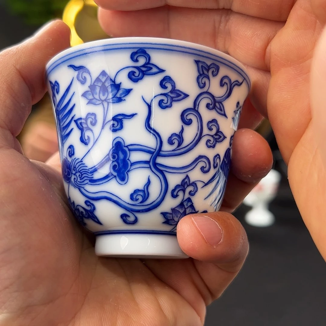 柴窑青花双凤铃铛杯一级品