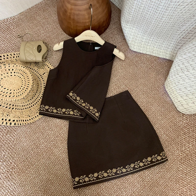 法式小香风无袖背心半身裙子两件套装2025新款女气质薄款上衣时尚