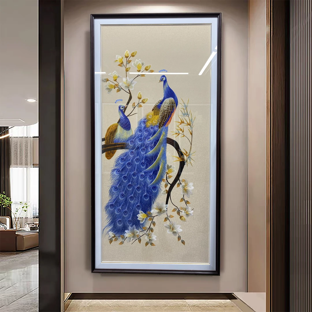 新中式【雀栖梧桐】孔雀刺绣玻璃挂画适合玄关客厅走廊等空间装饰