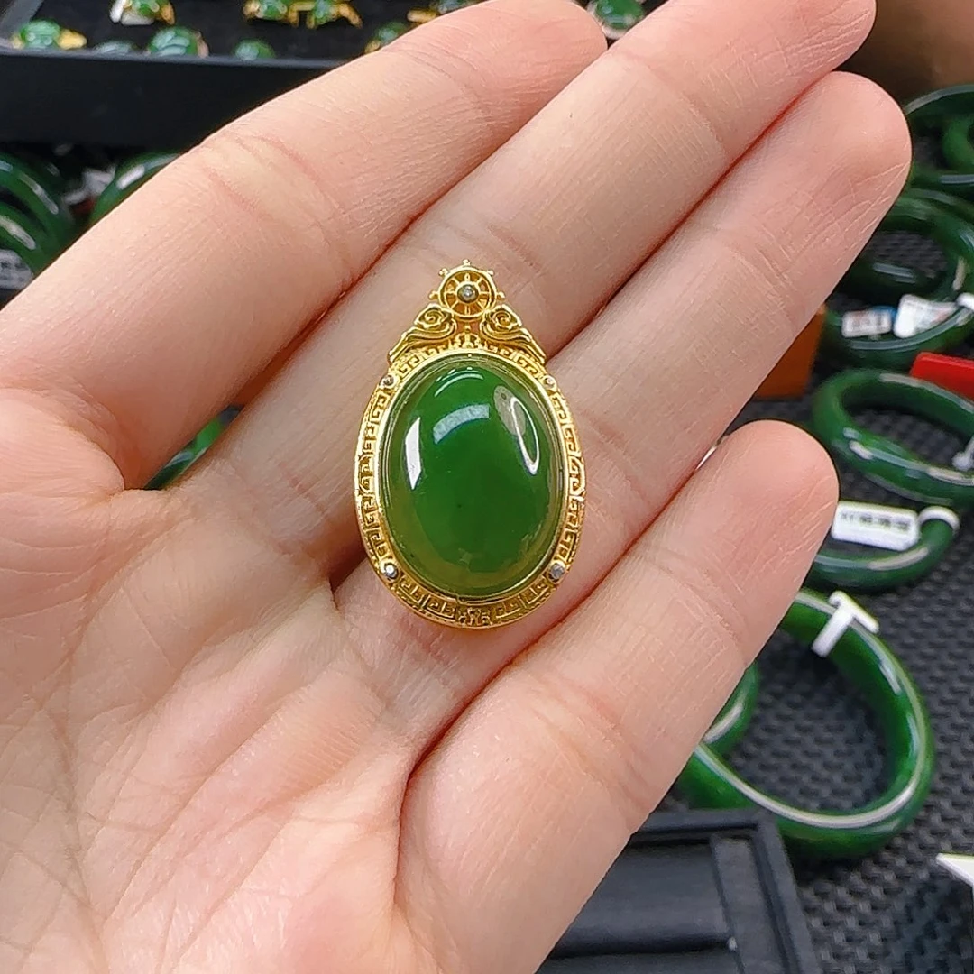 颈饰银S925镶嵌和田玉碧玉蛋面吊坠孤品