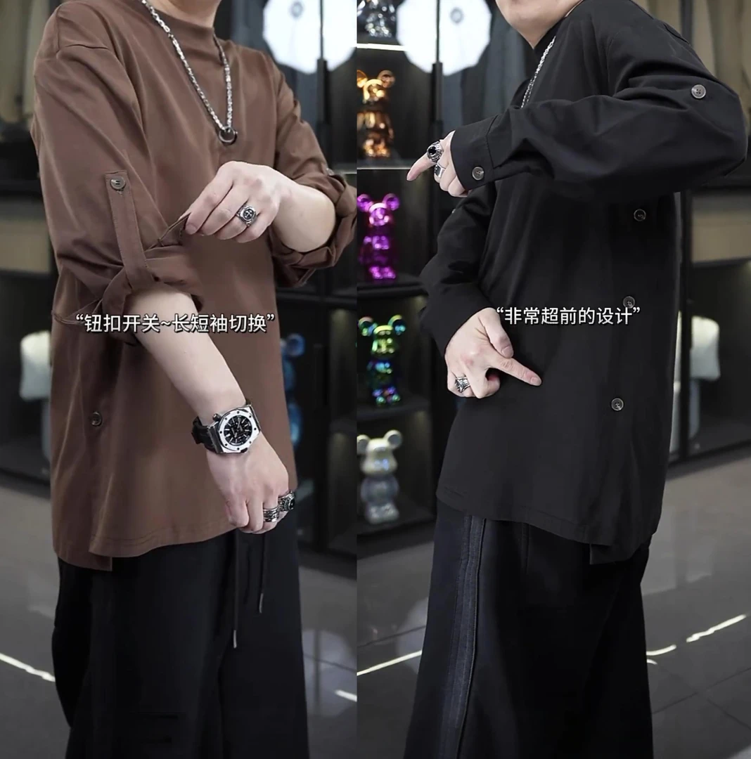 秋季潮牌设计感排扣长袖T恤男士纯色圆领卫衣简约百搭休闲打底衫