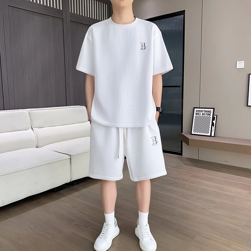 夏季美式潮牌休闲宽松短袖短裤2025新款简约夏装男男士套装运动装