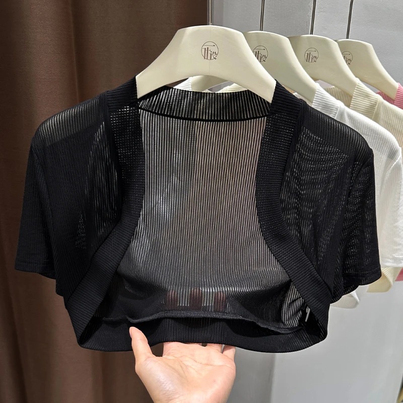 黑色气质镂空网纱宽松开衫夏季吊带外搭防晒短袖披肩短款蕾丝坎肩