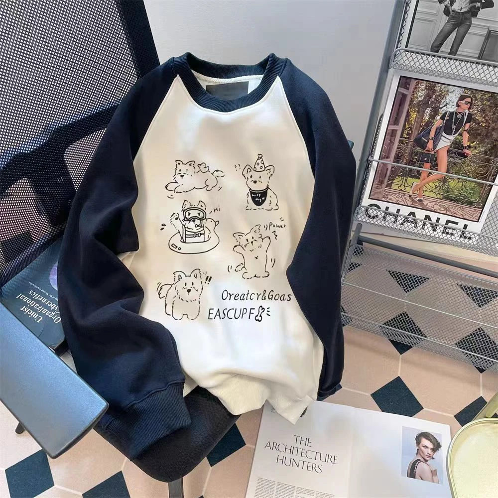 洋气减龄小狗印花无帽卫衣女春秋设计感插肩袖撞色圆领上衣24248