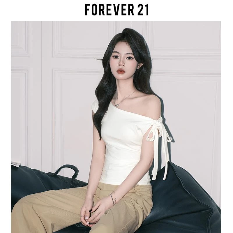 21纯欲蝴蝶结斜肩短袖恤女2025初夏白色收腰绑带小衫上衣