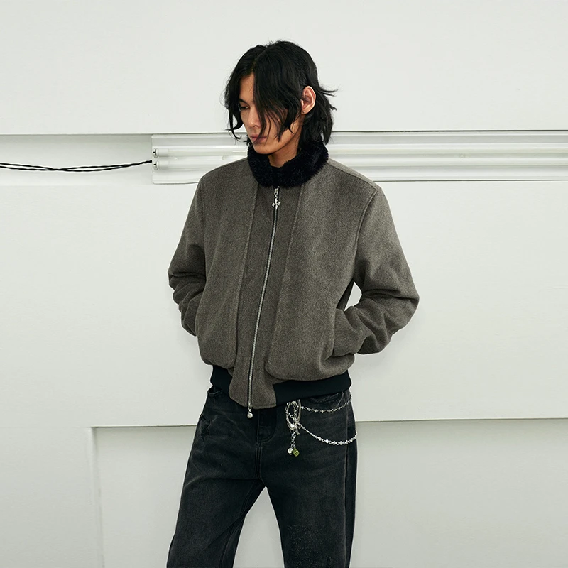 KREATE「立体分割」廓形口袋毛绒立领棉服男冬季加厚斜纹毛呢外套