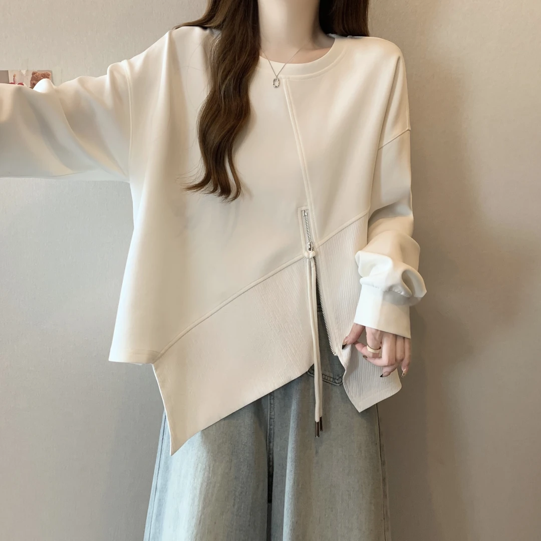 2025秋季新款不规则宽松遮肚长袖卫衣大码女装胖mm设计感无帽上衣