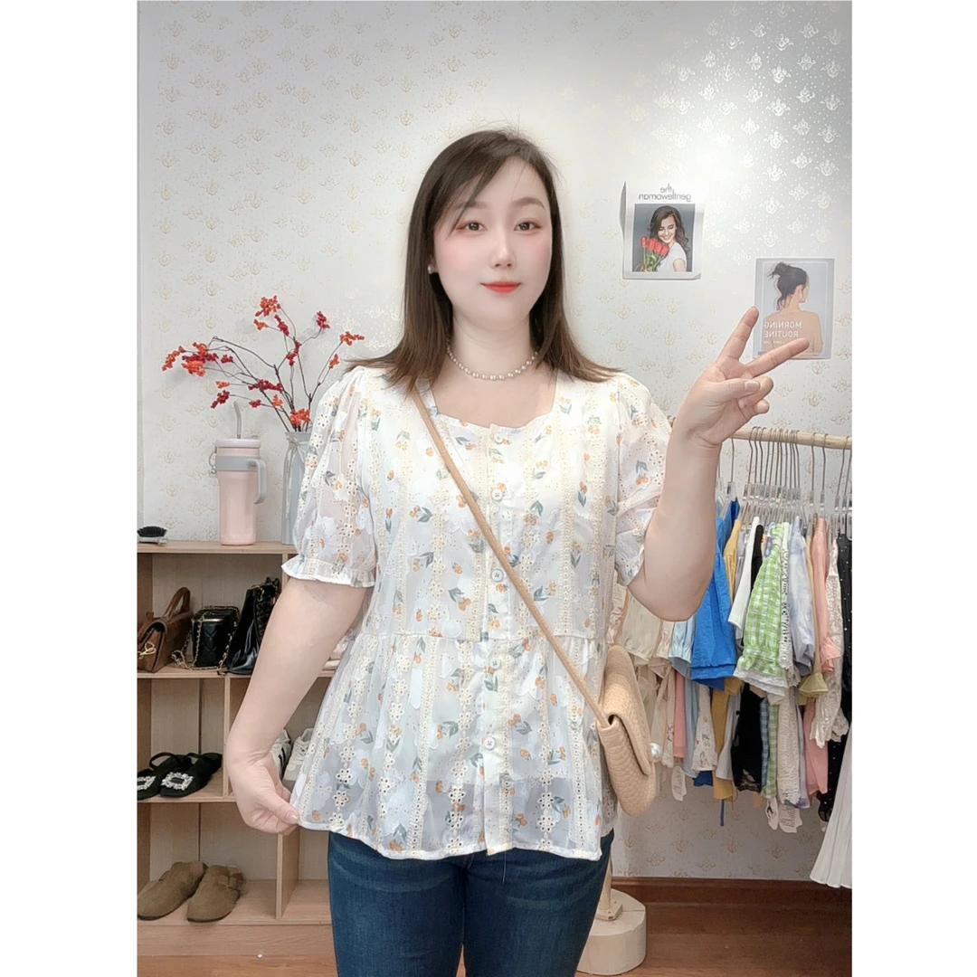 定制加长款遮肚暗纹提花短袖遮肚显瘦衬衫气质刺绣小衫
