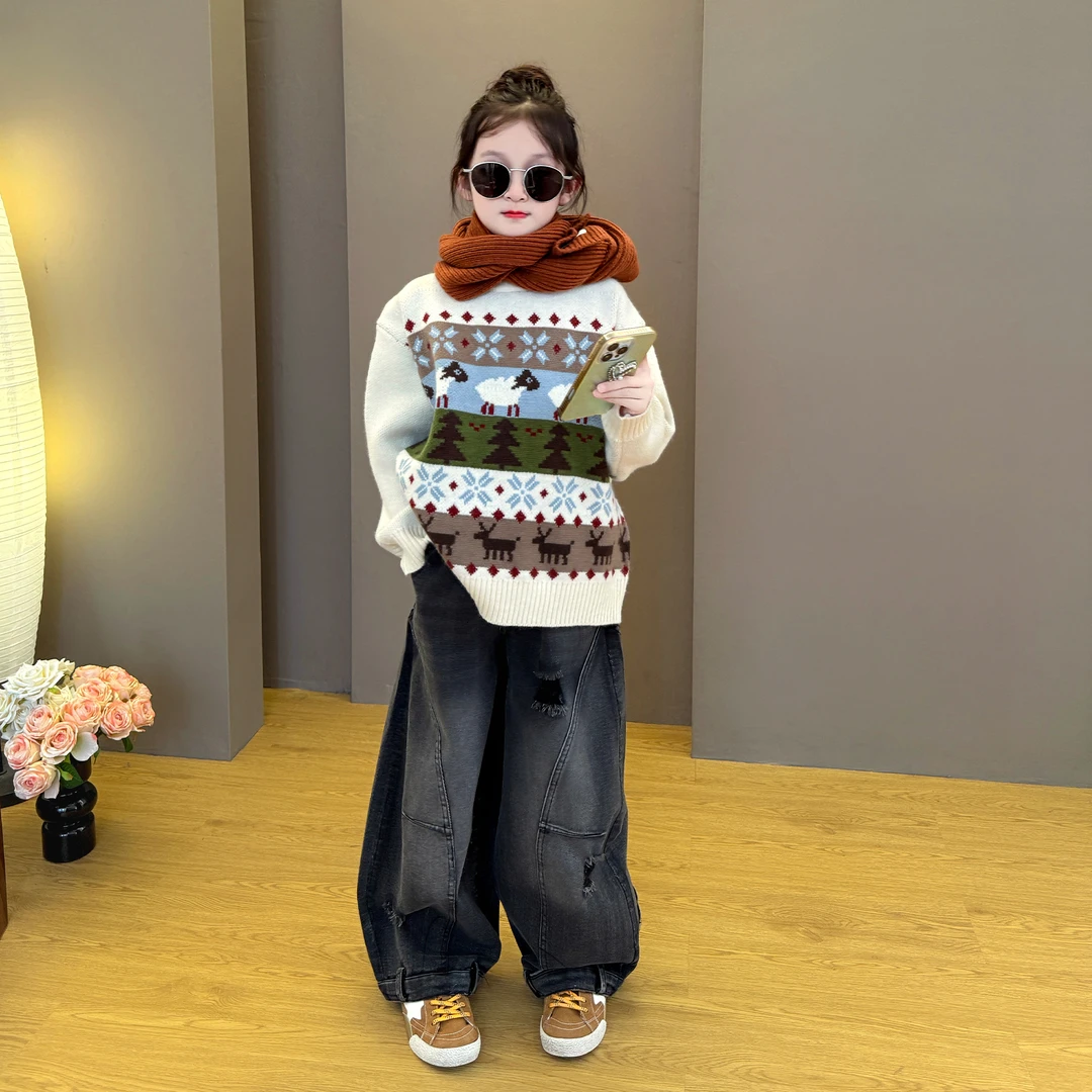 女童法式甜美2025新款儿童毛衣宝宝春秋装洋气时尚破洞牛仔裤套装