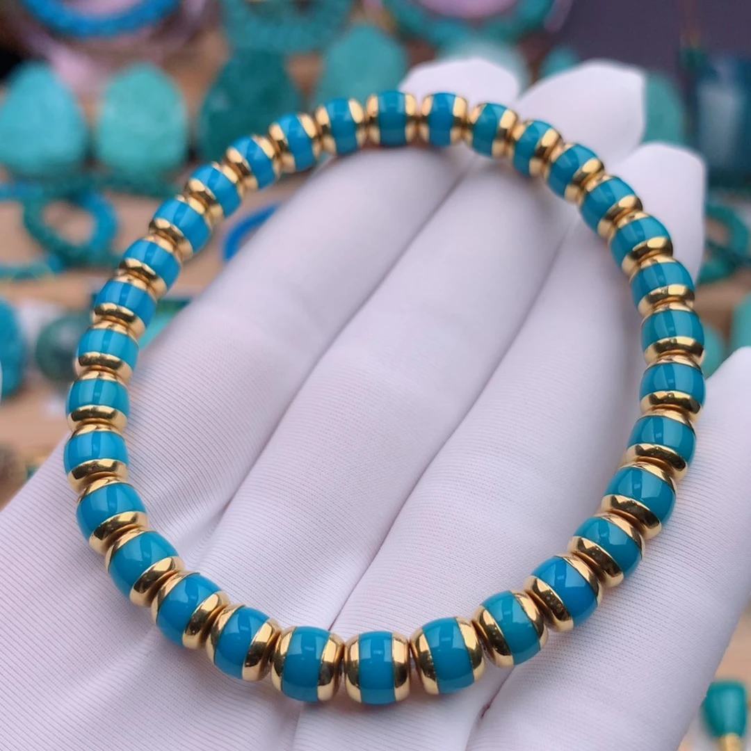 18K金镶嵌绿松石珠宝奇石6.2mm汉堡手串