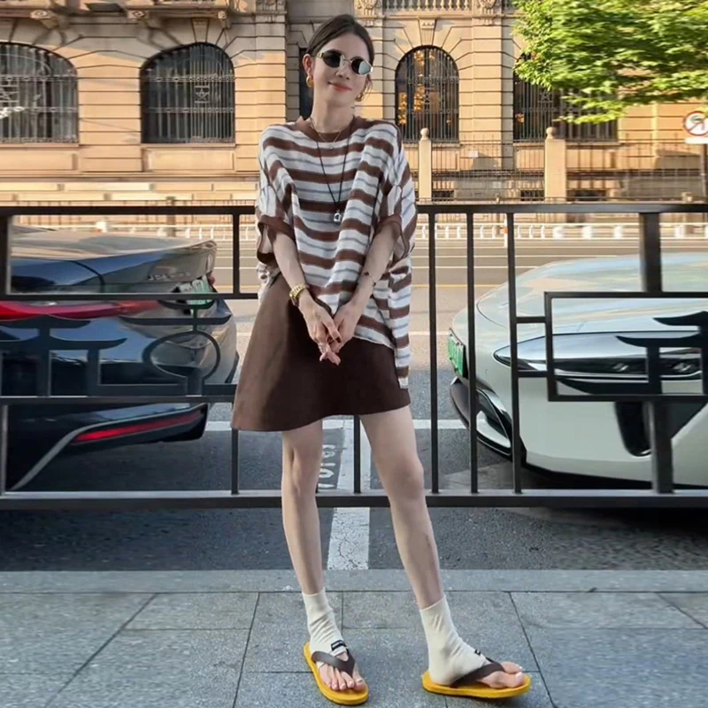 休闲慵懒松弛感夏装一整套超火减龄高级感条纹短袖半身裙两件套装