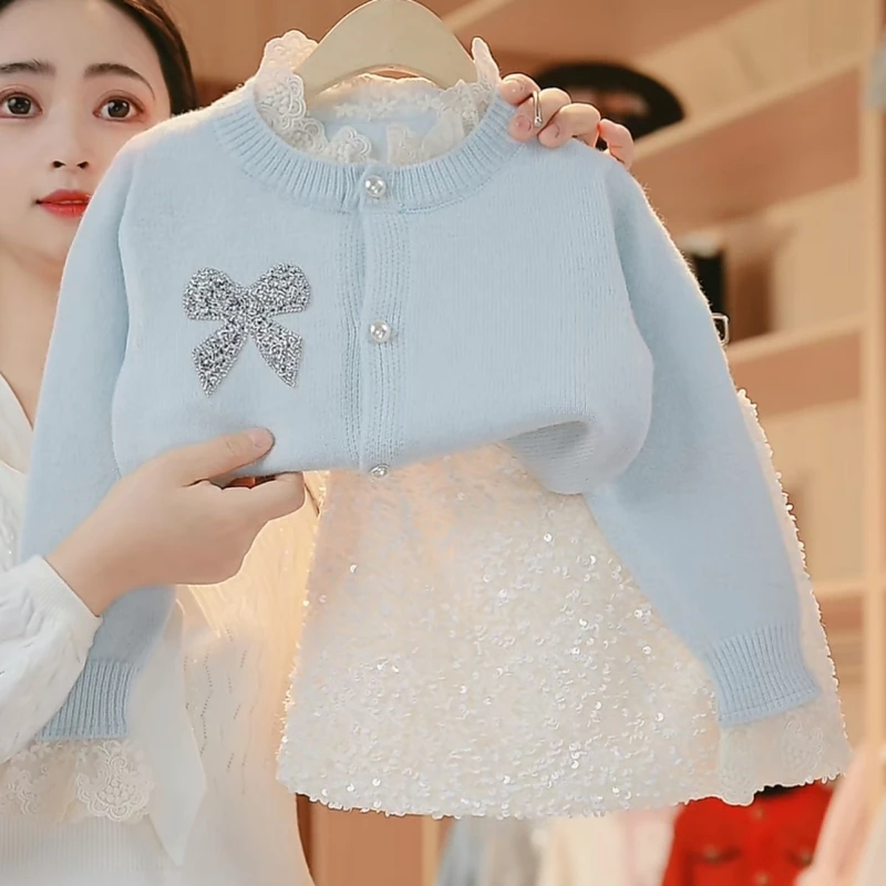 媛媛妈专属春秋季女童新款洋气针织上衣小女孩甜美蝴蝶结毛衣外套