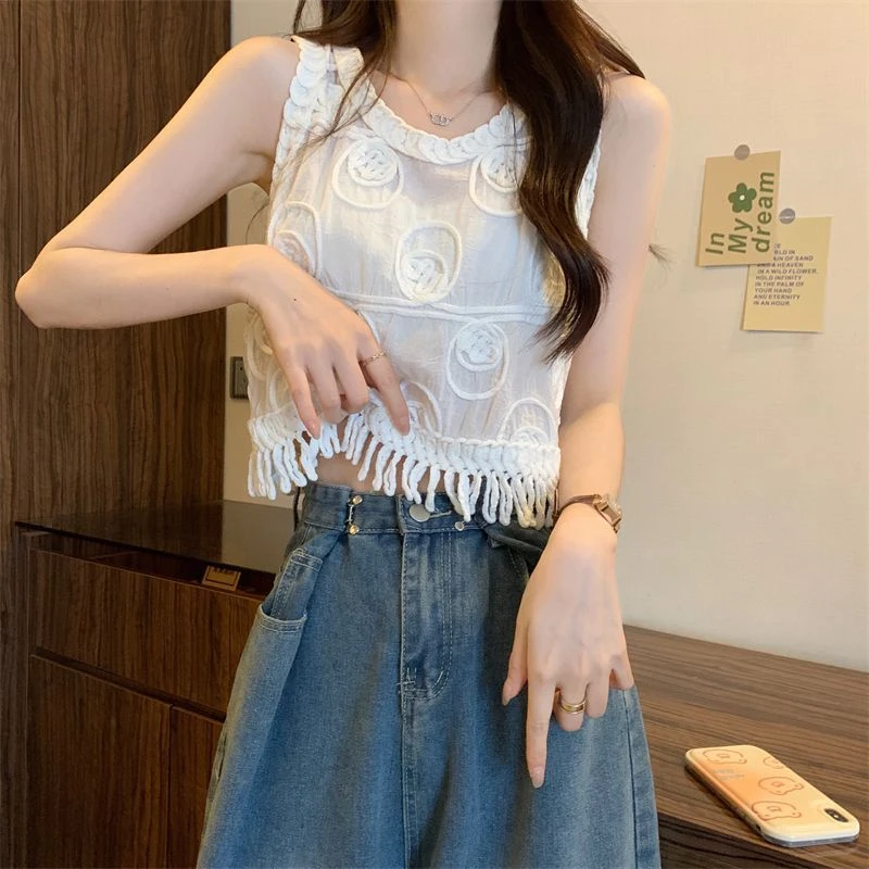 钩花刺绣流苏针织吊带背心女夏季新款设计感小众宽松无袖短款上衣