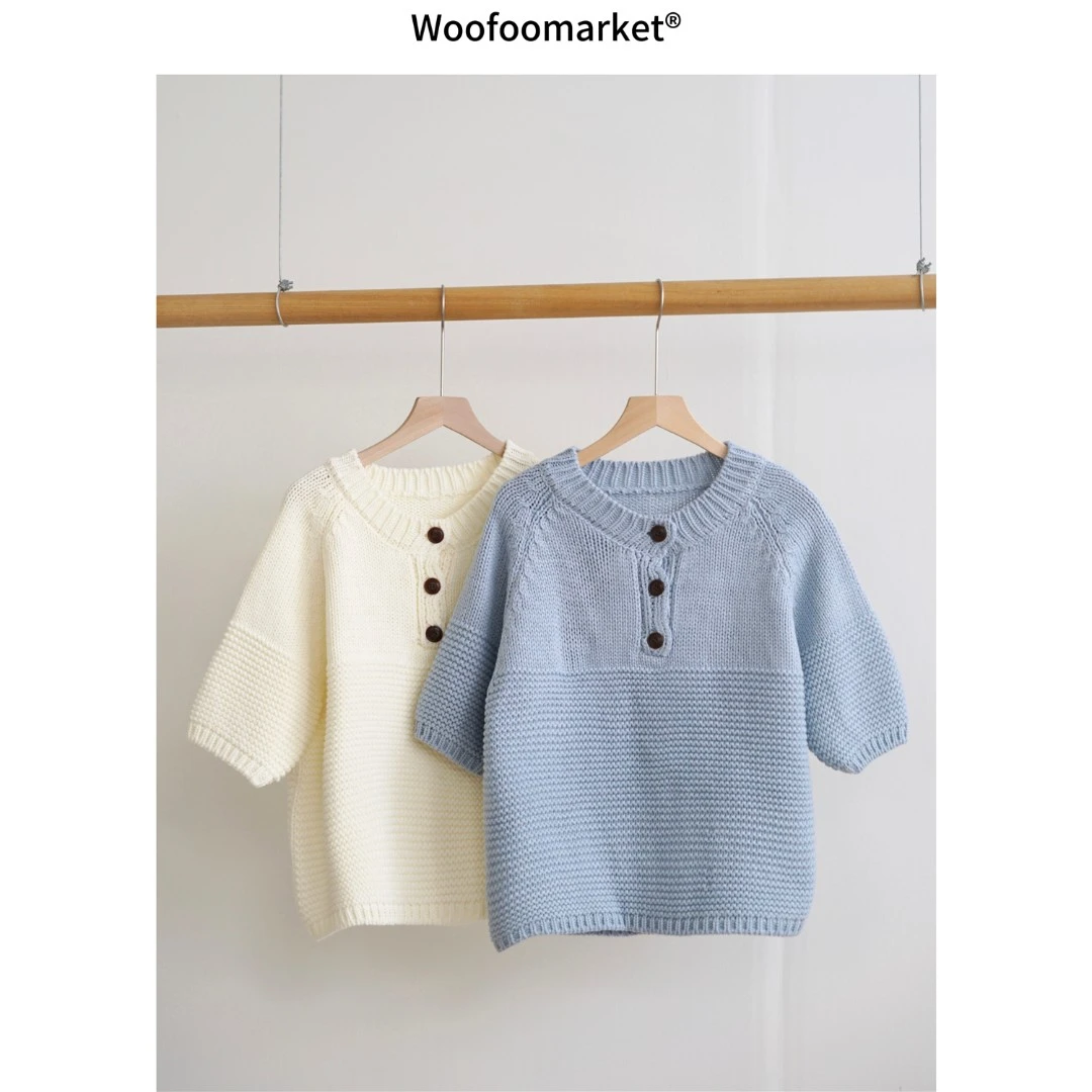 【海街日集】 半开襟纽扣圆领短袖毛衣女秋季小个子 AWMY015