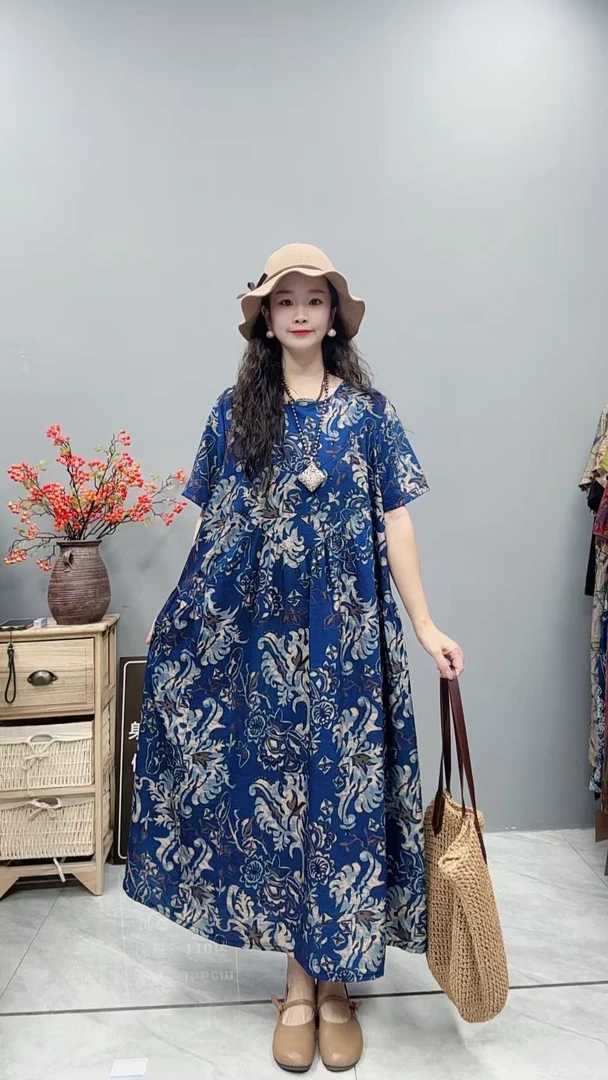 5269夏季新款显瘦气质时尚女百搭休闲文艺复古印花洋气宽松连衣裙
