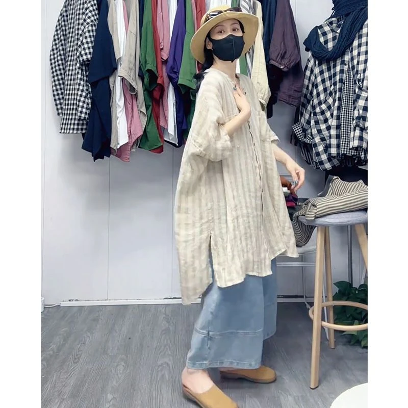 韩版百搭宽松中长款麻料衬衫2025夏季新款时尚休闲大码圆领衬衣潮