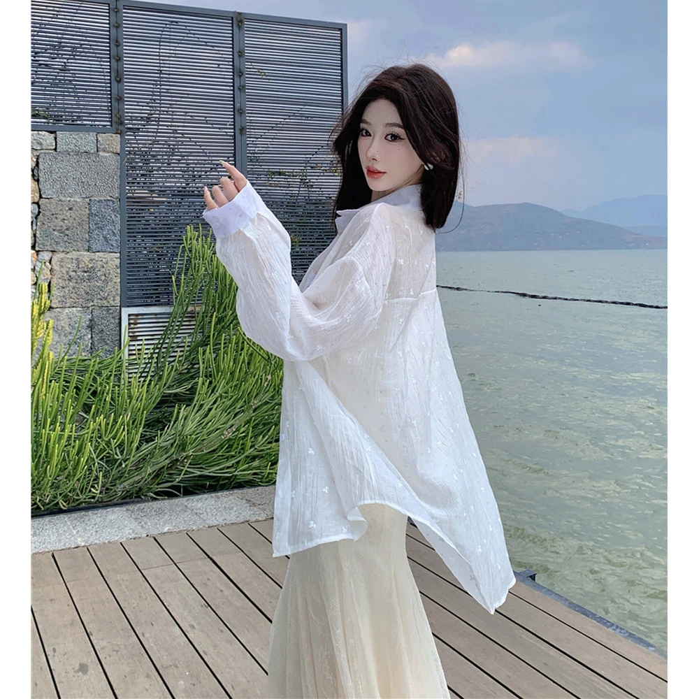 2025夏季设计感长袖衬衫外套女宽松薄款白色防晒衬衣开衫上衣