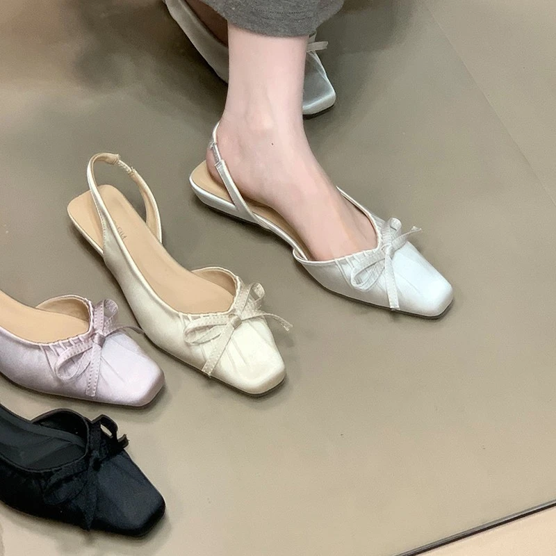 法式晚晚风蝴蝶结缎面内增高单鞋女2025新款方头小众温柔芭蕾舞鞋