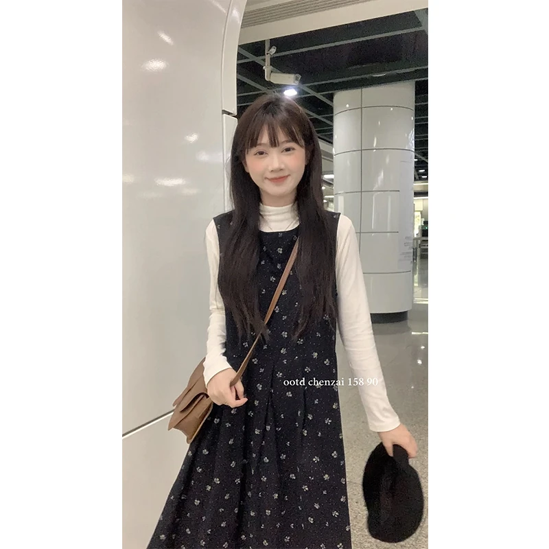 【陈仔】【碎花背心裙】韩系百搭碎花背心裙无袖连衣裙半高领打底1