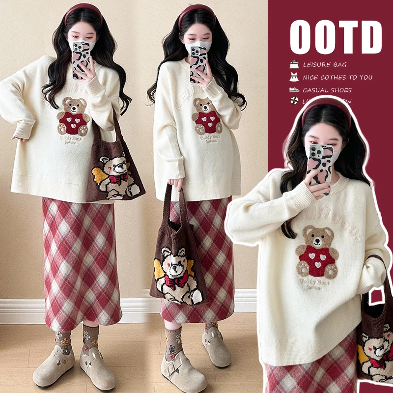 孕妇秋冬装韩版时髦新款爆款女卡通毛衣搭配格纹半身裙高质量套装