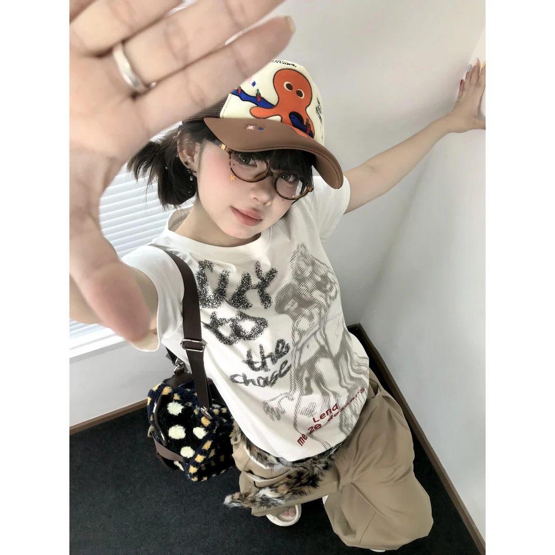 古早复古街头正肩短袖t恤女夏季新款美式辣妹休闲百搭设计感上衣