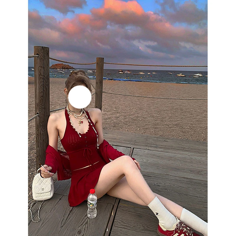 【甜茶慕斯】薄款针织开衫挂脖吊带背心a字半身裙套装女夏