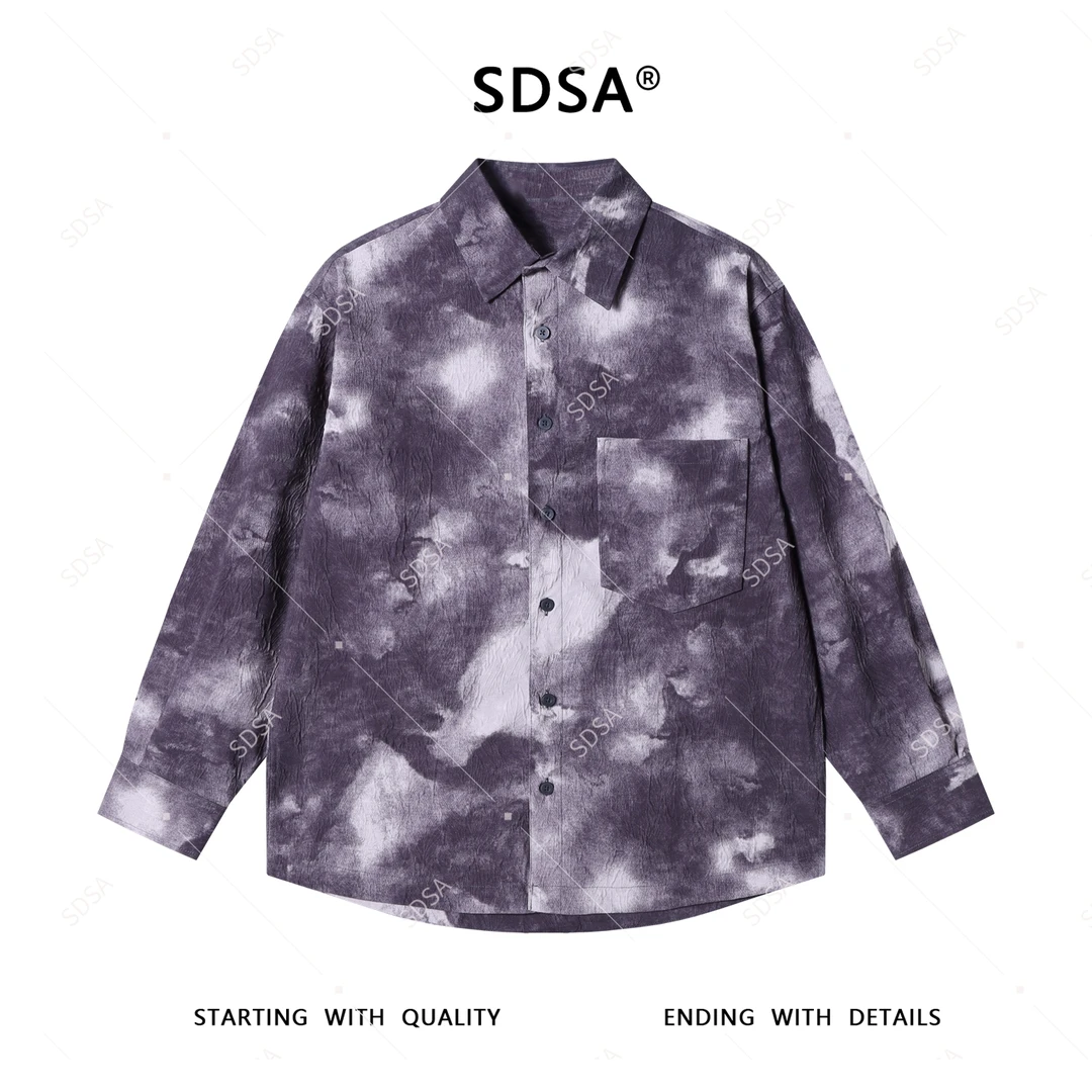 SDSA男士2025新款轻奢痞帅男装扎染撞色肌理感纽扣衬衫百搭衬衣