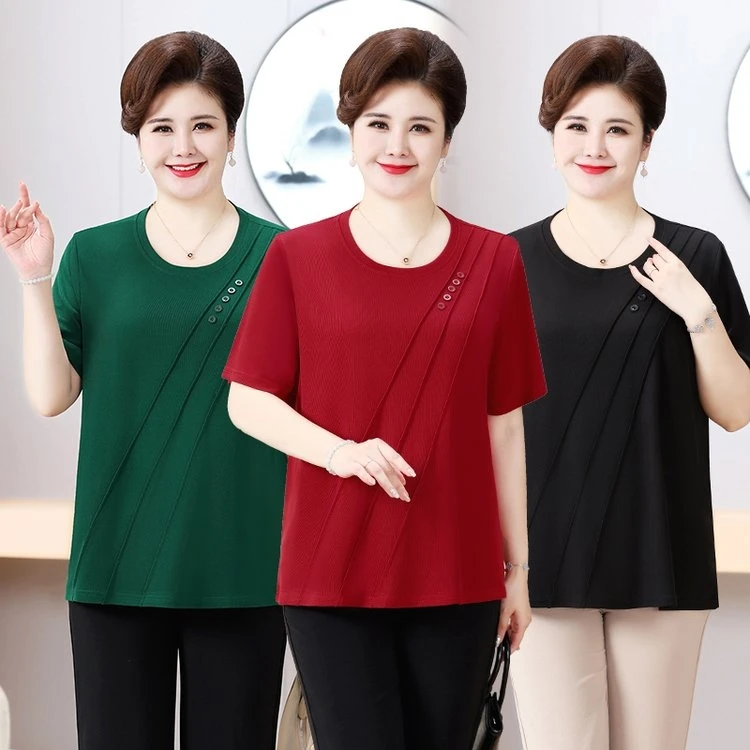 夏季新款加肥加大宽松舒适透气清爽有弹力的妈妈时尚短袖