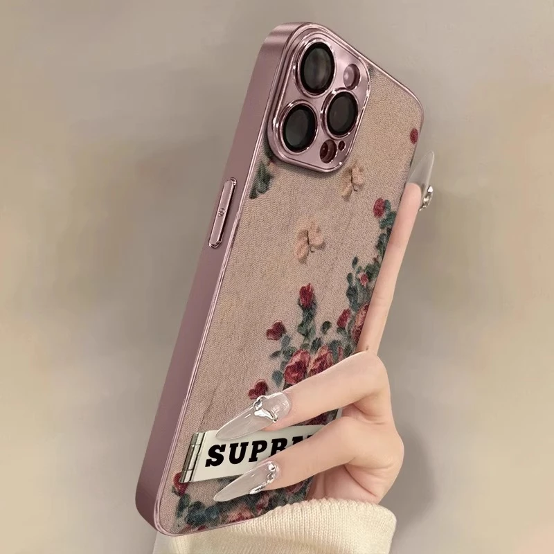 油画玫瑰适用苹果16promax手机壳iPhone15pro电镀保护套简约14por