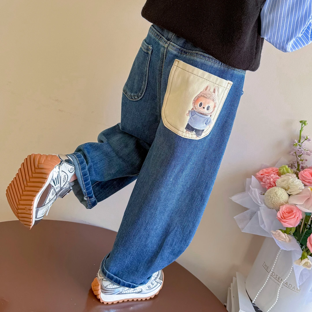 女童拉布布牛仔裤秋2025新款洋气女孩宝宝春装弯刀裤春款儿童裤子