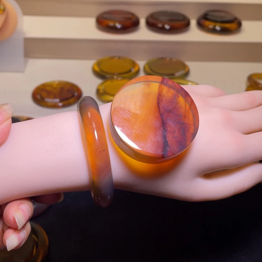 未镶嵌琥珀手镯天然缅甸琥珀手镯亮金棕色手镯54圈口