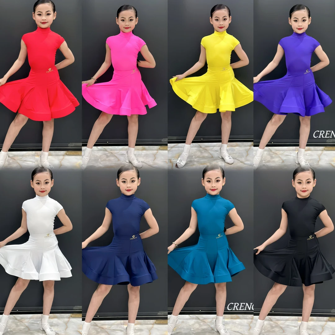 凯西亚舞服新款拉丁舞服女童规定比赛服儿童专业锦纶短袖套装