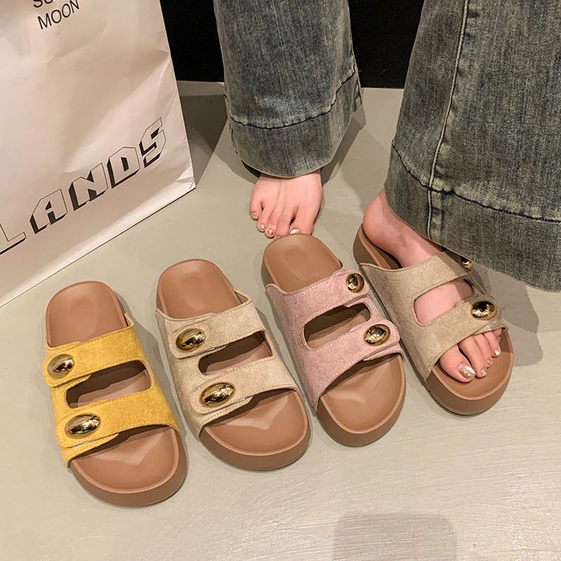 夏季时尚韩版简约休闲风2025年外穿厚底双杠魔术贴网红勃肯凉拖鞋