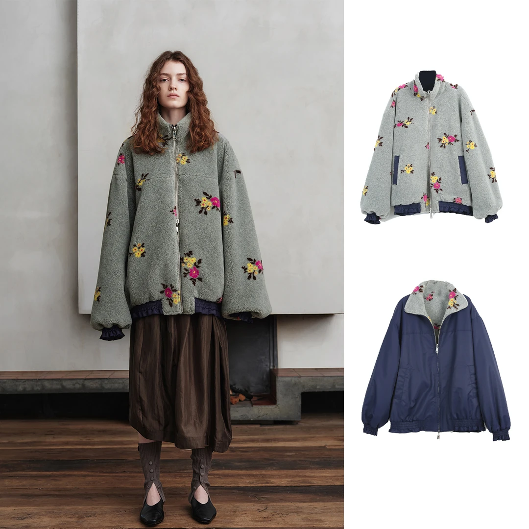 ASYUS设计师品牌25秋冬灰色绵羊毛立领花朵夹克