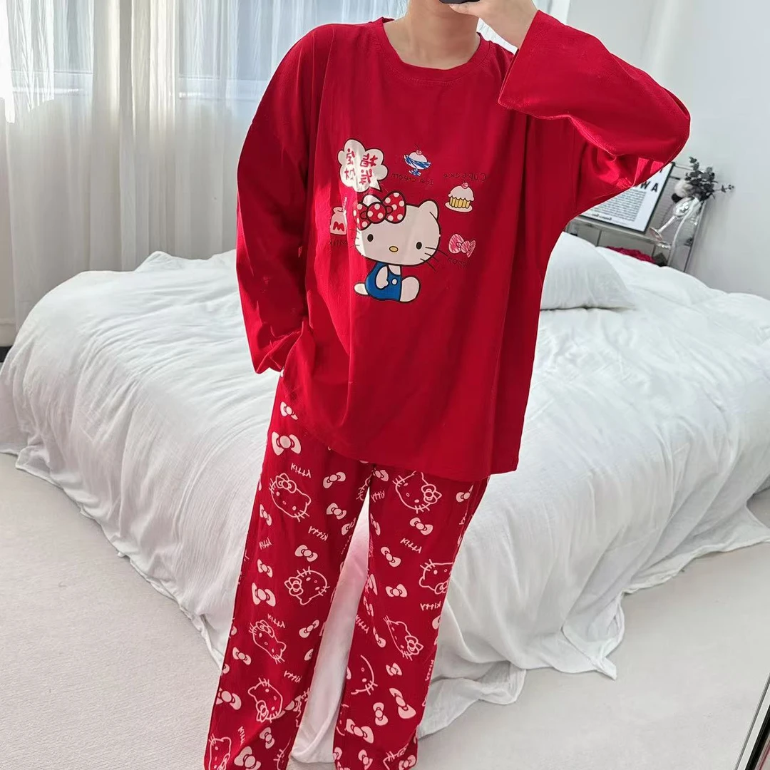 新年红长袖长裤女士休闲家居服红色喜庆卡通AB版春秋时尚