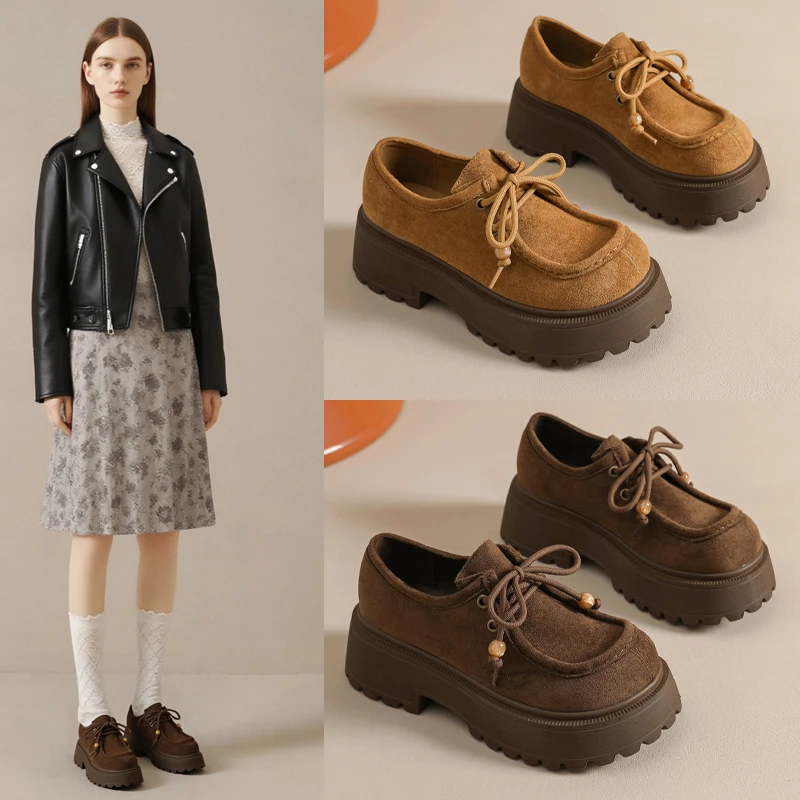 英伦风小皮鞋女2025秋季新款圆头系带厚底黑色单鞋舒适通勤牛津鞋