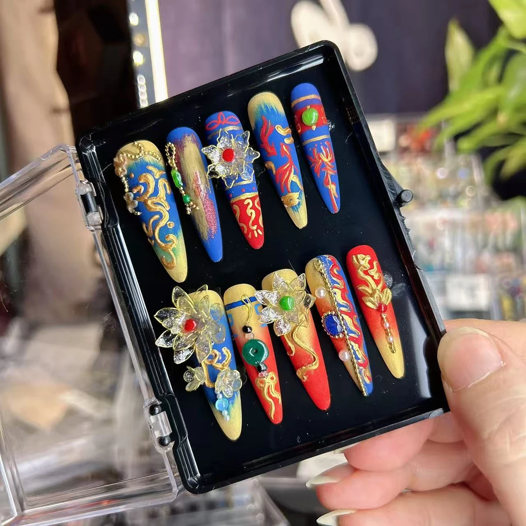 愿君万事如意—姚奈儿纯手工定制穿戴甲国风雕花珐美甲