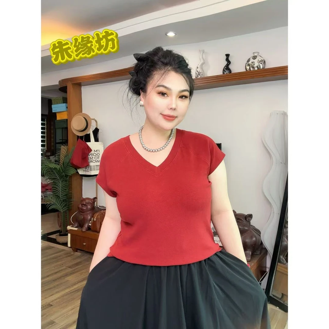 【伊伊推荐】2025夏季纯色女装显瘦常规时尚洋气休闲百搭短袖V领