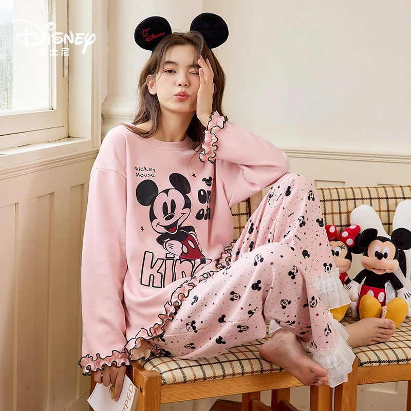 Disney迪士尼羊绒蚕丝卡通长袖长裤秋冬女印花宽松甜美家居服0217
