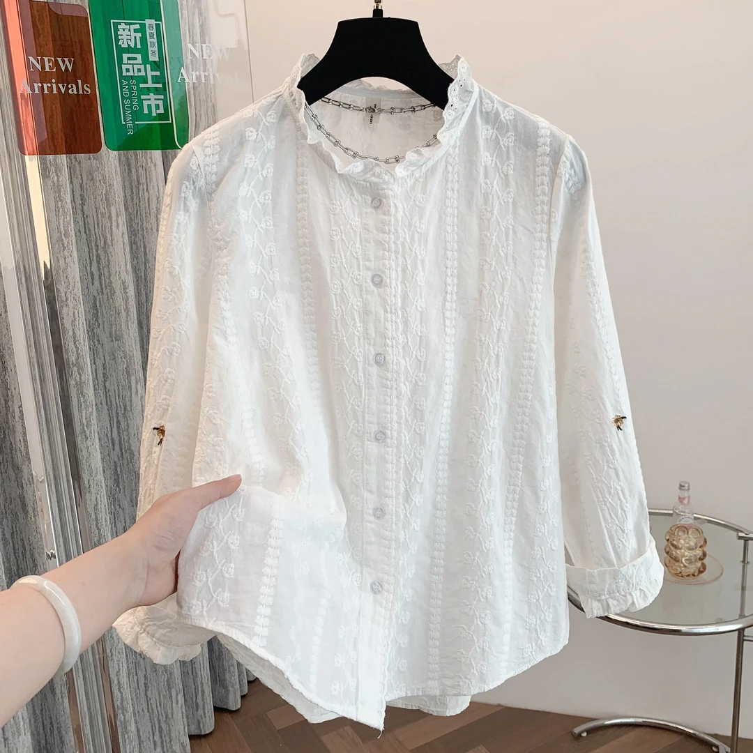 春夏款森系甜美风白色公主小衫衬衣纯棉透气重工满身刺绣高货衬衫
