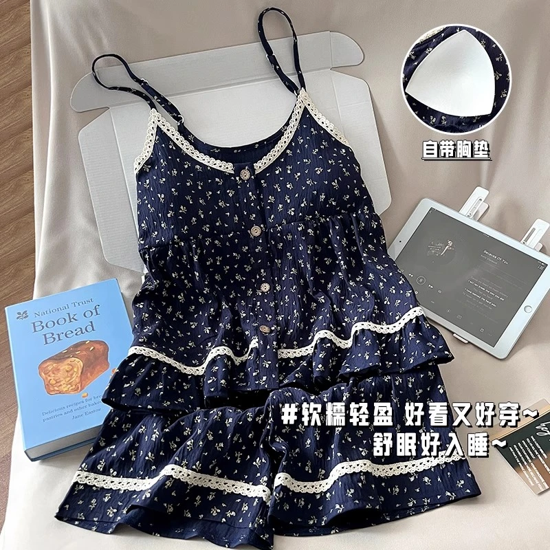睡衣女带胸垫夏季薄款云朵棉性感甜美碎花夏天家居服吊带短裤套装