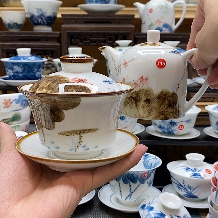 枫****手绘窑变荷花翠鸟茶壶➕盖碗200cc釉下彩高温瓷微瑕福利款