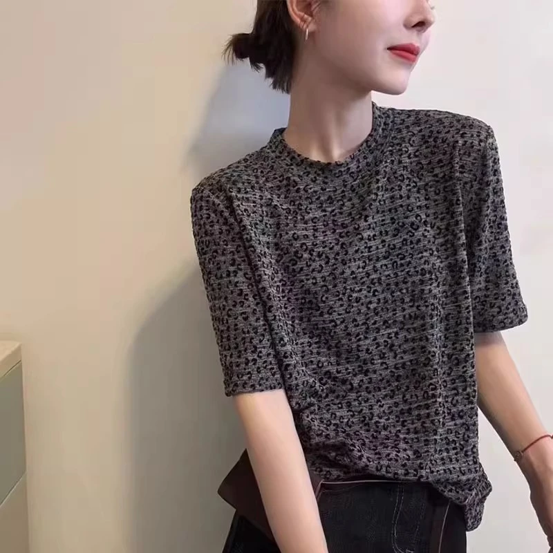休闲中袖豹纹T恤衫女秋季新款2025时尚复古气质百搭显瘦圆领上衣