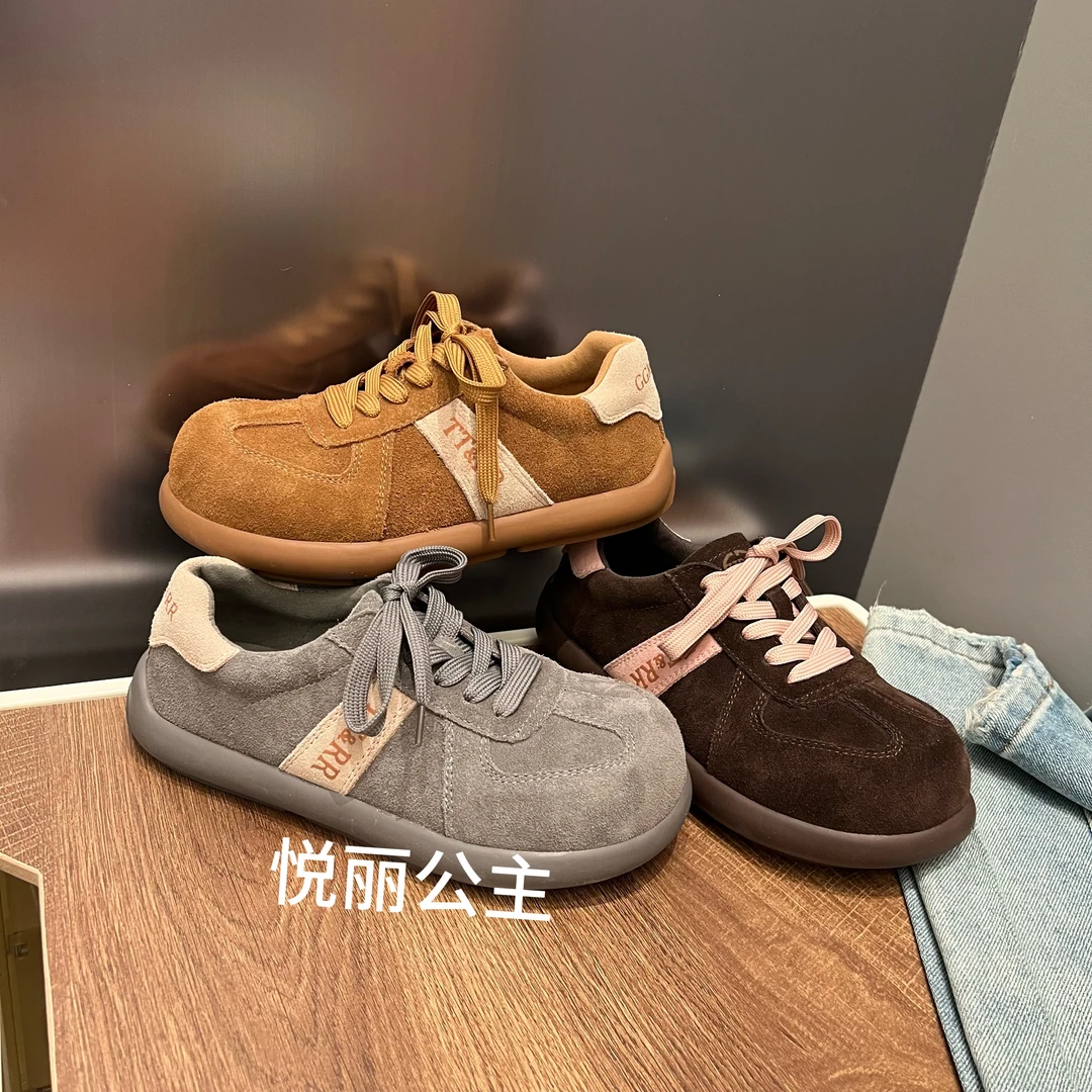 【小六】卡皮巴拉~烟灰色圆头系带拼色博肯鞋复古休闲女鞋