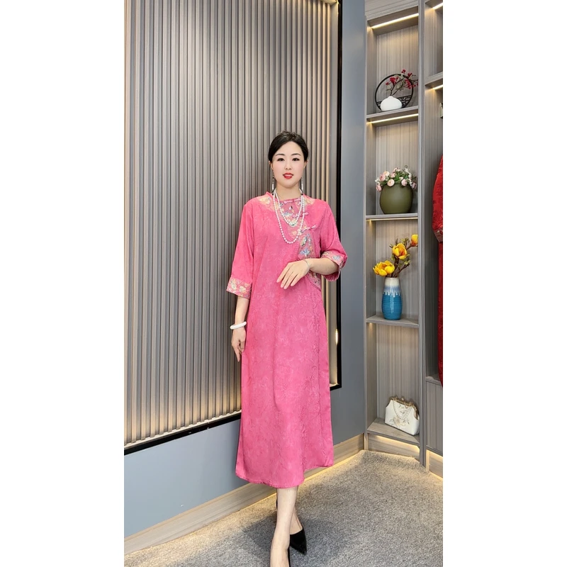 玫玫YJ7700妈妈装新中式国风盘扣刺绣优雅气质复古遮肉连衣裙